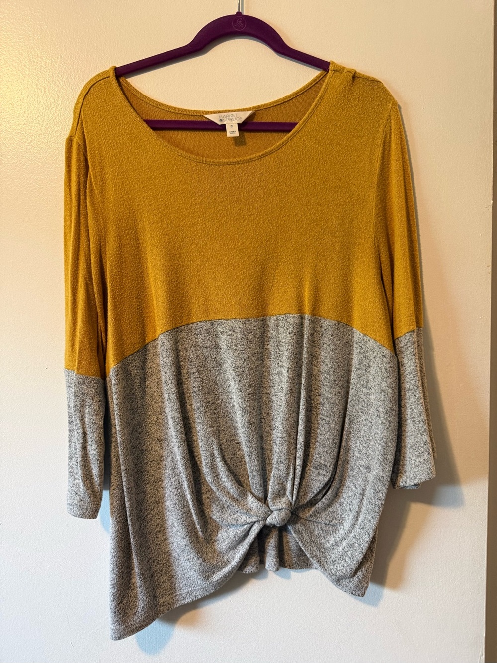Market & Spruce Mustard and Gray Colorblock Knot Front Long Sleeve Top
